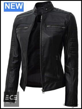 Women's Real Lambskin Leather Jacket Cafe Racer Moto Zip Moto Jacket